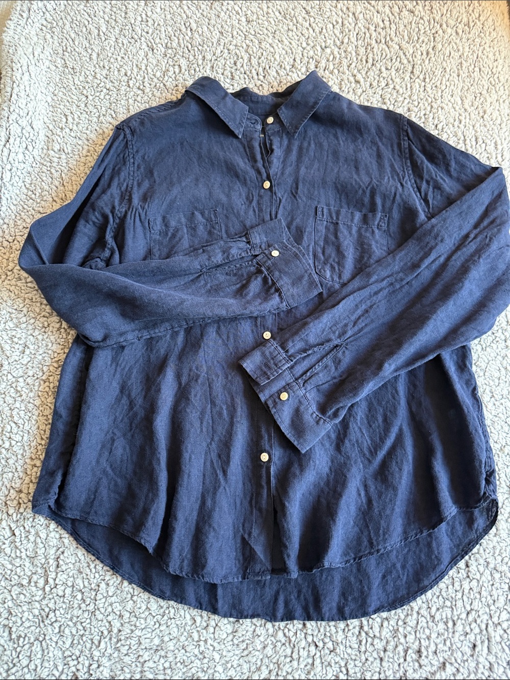 Navy Button-Front Linen Shirt